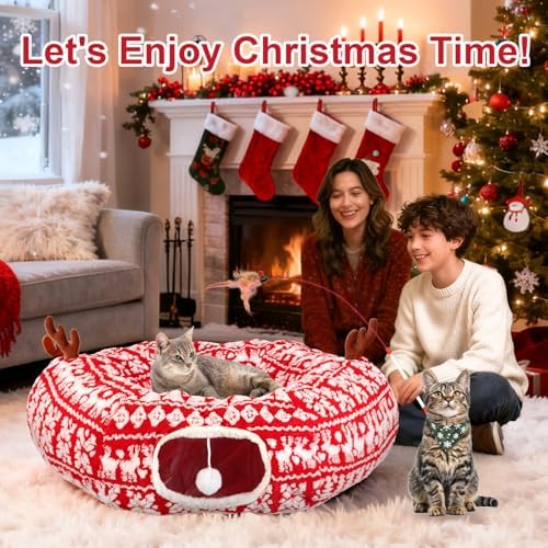 Cat Tunnel Bed Under Christmas Tree 35.4" Festive Circle Cat Tunnel with Feather Toys Adjustable Bibs Foldable Holiday Decorative Pet Cave for Indoor Cats Small Animals Fits Under Tree Skirt - Image 7