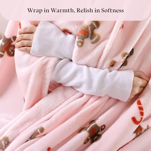 Pink Gingerbread King Size Throw Blanket for Bed, Soft Cute Fuzzy Christmas Fleece Blankets, Room Home Decor Gifts for Women Girls, 108x90 Inches - Image 3