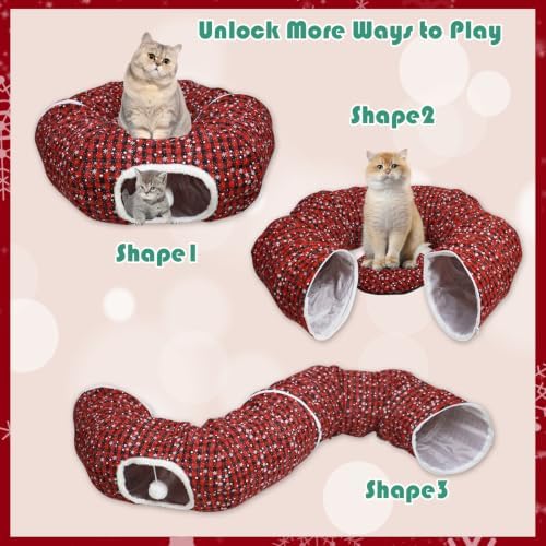 Buffalo Plaid Cat Tunnel Christmas Tree Skirt, Multifunctional Christmas Tree Protector Cat Washable Indoor Cat Donut Cave Bed Kitty Hideout Tubes for Small Animal,32"×10" - Image 5
