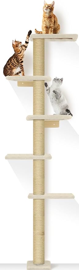 PAWSCRAT 5-Tier Wall-Mounted Cat Tree, 80-Inch Sisal Post, PureWhite | Cat Tower for Indoor Cats, Cozy hammock and Durable Sisal Post Give Cats Vertical Space to Jump, Climb, Scratch and Rest.