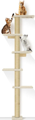 PAWSCRAT 5-Tier Wall-Mounted Cat Tree, 80-Inch Sisal Post, PureWhite | Cat Tower for Indoor Cats, Cozy hammock and Durable Sisal Post Give Cats Vertical Space to Jump, Climb, Scratch and Rest.