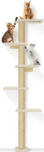 PAWSCRAT 5-Tier Wall-Mounted Cat Tree, 80-Inch Sisal Post, PureWhite | Cat Tower for Indoor Cats, Cozy hammock and Durable Sisal Post Give Cats Vertical Space to Jump, Climb, Scratch and Rest.