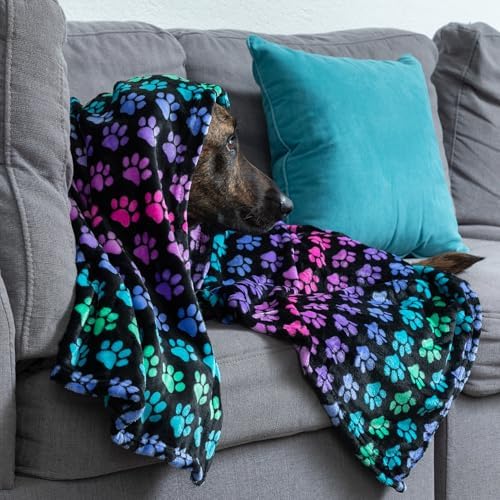 Pet Dog Cat Blanket Ultra Soft Cozy Fleece Paw Print Design Machine Washable Durable for Crates Beds Sofas Travel (Rainbow Paws, Medium) - Image 2