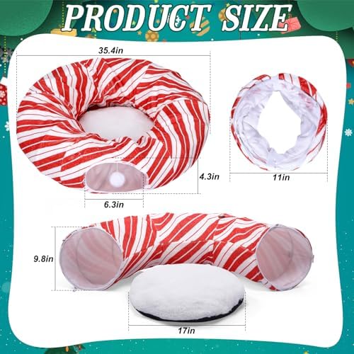 Leyndo 37 x 10 Inches Candy Cane Cat Tunnel Christmas Tree Skirt Bed Under Christmas Tree Cat Cave Donut with Central Mat Festive Decor for Small Medium Large Cats, Kittens, Rabbit - Image 3