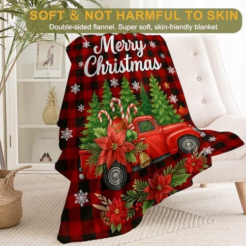 Vintage Truck Christmas Decorative Throw Blanket, Plaid Tree Candy Floral Print Decoration, Soft Flannel Winter Blankets for Couch Bed Sofa, Holiday Home Decor, Xmas Festival Gifts 60x80 Inch - Image 2