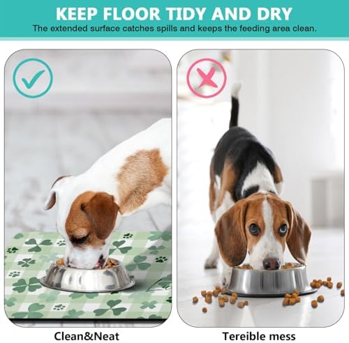 St Patricks Day Dog Food & Water Mat, Green Shamrocks Paw Prints Clover Pet Feeding Mat for Floor Non-Slip Waterproof, Super Absorbent Cat Bowl Mat, Easy to Clean Pet Placemat,16" × 24" - Image 3