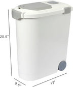 Ashfield & Harkness Airtight Pet Food Storage Container, Holds 30 Lbs | BPA-free HDPE, silicone airtight seal, scoop included, slim white/grey design, 17.5"x9.5"x20", for dog, cat & bird food