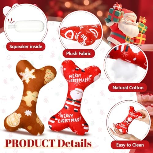 VioraWhite 8 Pack Christmas Dog Toys Plush Squeaky Bone Shaped Funny Toys Birthday Gift for Small Medium Large Sized Dogs, 6.1" x 3.8" - Image 3