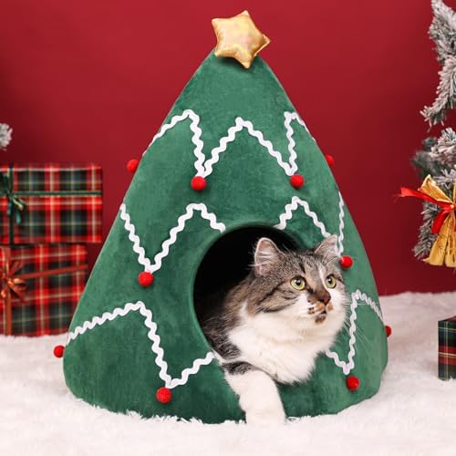 NIBESSER Cat Bed Christmas Tree Cat Tent House Self-Warming 2 in 1 Removable Comfortable Triangle Pet Teepee Xmas Dog Cave in Winter(Green/White) by NIBESSER