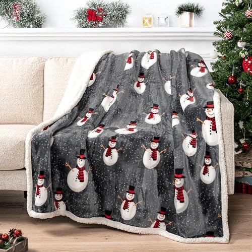 PAVILIA Premium Christmas Sherpa Throw Blanket, 50x60, Grey Snowman Cozy Fleece Holiday Blanket, Reversible Plush Winter Throw for Couch & Bed, Ultra Soft Warm by PAVILIA