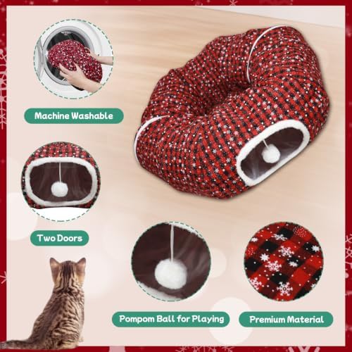 Buffalo Plaid Cat Tunnel Christmas Tree Skirt, Multifunctional Christmas Tree Protector Cat Washable Indoor Cat Donut Cave Bed Kitty Hideout Tubes for Small Animal,32"×10" - Image 4