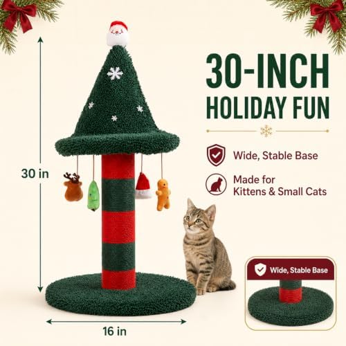 Cat Scratching Post with 4 Hanging Plush Toy - Christmas Tree Alternative Give Your Cat a Toy and Scratching Post in One with This Ultimate Tree 30 * 15 Inch Red Green - Image 5