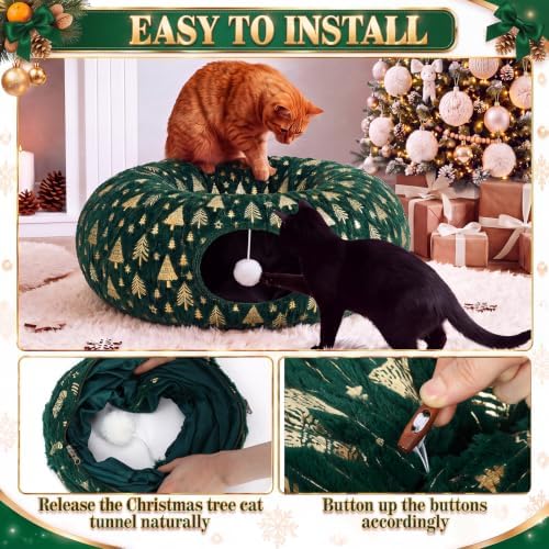 Christmas Tree Cat Tunnel 36 in Donut Bed, Green, Polyester, Gold Foiling - Image 5