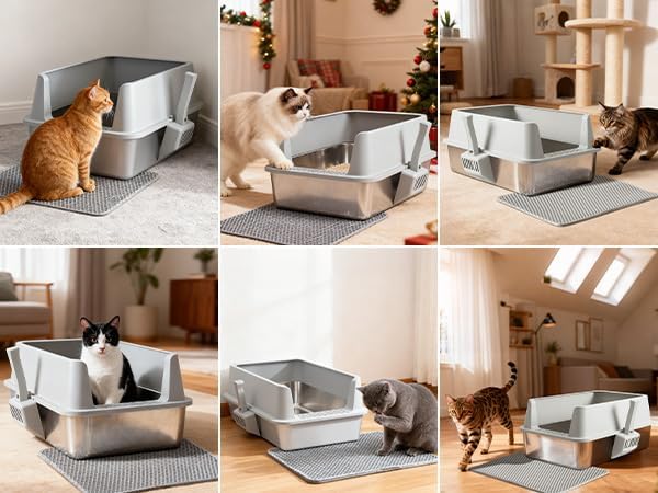 Stainless Steel Cat Litter Box with Lid,XL Metal Litter Box Stainless Steel | Mat & Scoop, Odor-Free/Anti-Leakage & Non-Stick/Easy Clean, High-Sided Litter Box for Multiple Big Cats(XL/Grey)