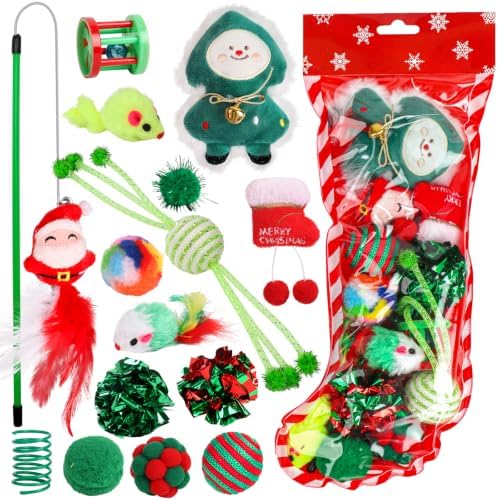 Christmas Stocking Cat Toys, 15PCS Christmas Cat Toy Set with Mouse, Squeaky Toys, Balls, Cat Teaser, Indoor Interactive Cat Toy Gift - Green by Yeghujar