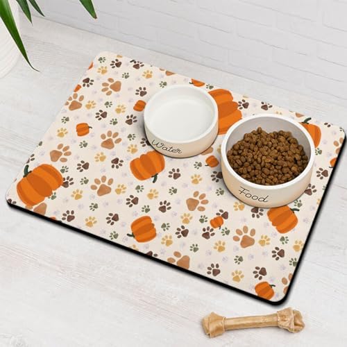 Fall Pumpkin Dog Food & Water Mat, Paw Prints Autumn Pet Feeding Mat for Floor Non-Slip Waterproof, Super Absorbent Cat Bowl Mat, Easy to Clean Eco-Friendly Durable Pet Placemat,12" × 20" by Stunnoosy
