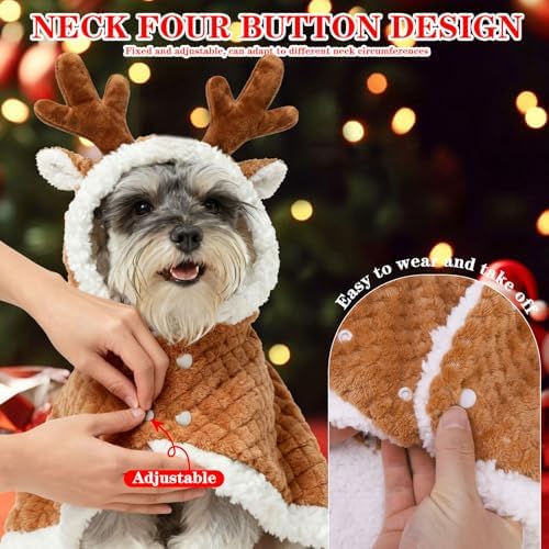 EXPAWLORER Dog Christmas Costume Winter Coat with Hat, Fleece Warm Elk Pet Cloak Cape Blanket with Antlers for Cold Weather, Thicken Dog Sweater Jacket Clothes for Small Medium Large Dogs Cats Brown M - Image 6
