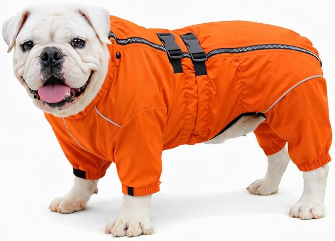 Lovelonglong Waterproof Dog Raincoat – 4-Leg Full Body Dog Rain Suit with Reflective Strips & Leash Opening, Outdoor Dog Jacket for Rainy Weather