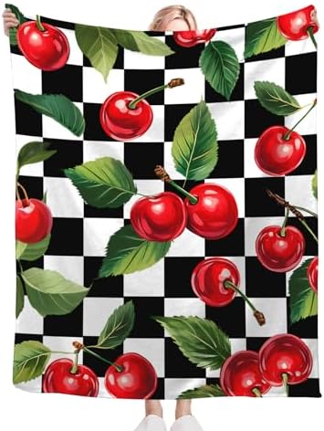 Cherry Blanket for Girls Women Adults Kids Soft Cozy Fleece Fruit Buffalo Plaid Preppy Gifts Throw Blankets Warm Flannel Plush Lightweight Decor for Couch Bed Sofa 80"X60" - Image 6