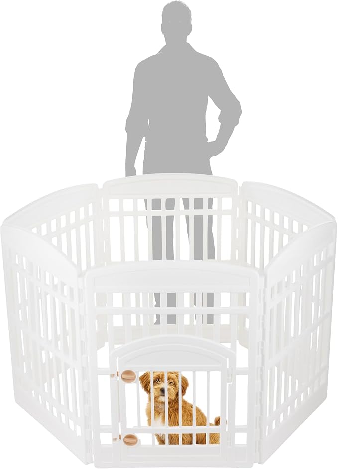 IRIS USA 6-Panel Dog Playpen, Pet Enclosure, White | Safe Play Zone, Configurable Layout, Multi-Shape Setup, Custom Pen Configuration, Stable Non-Tip Base, Secure Door Latch