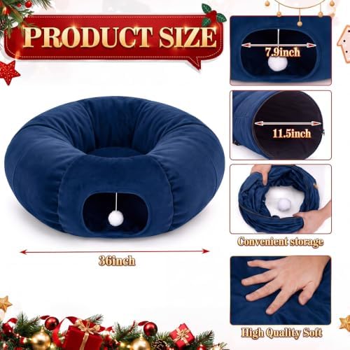 Christmas Tree Cat Tunnel 36 in Donut Bed, Navy Blue, Velvet, Fluffy - Image 3