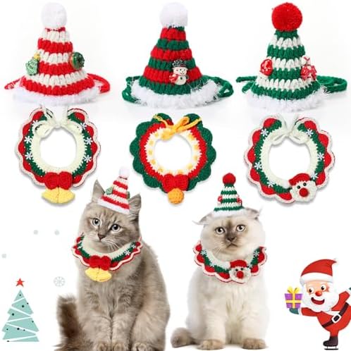 Coume 6 Pcs Christmas Cat Dog Costume Knitted Hats Collars Adjustable by Coume