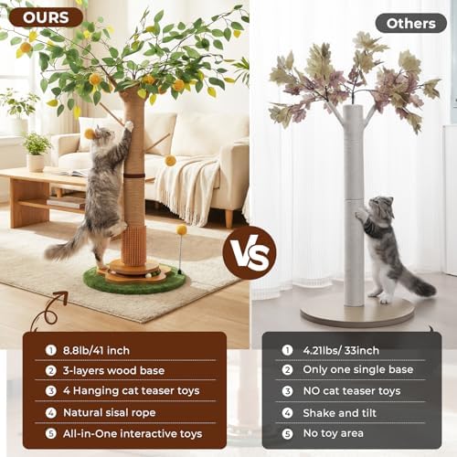 41" Tall Cat Scratching Post for Large Cats - XL Sturdy Cat Scratching Post with Solid Wood Base, Sisal Rope Scratching Posts for Indoor Cats Adults with Self-Grooming Brush, 4 Detachable Hanging Toys - Image 5