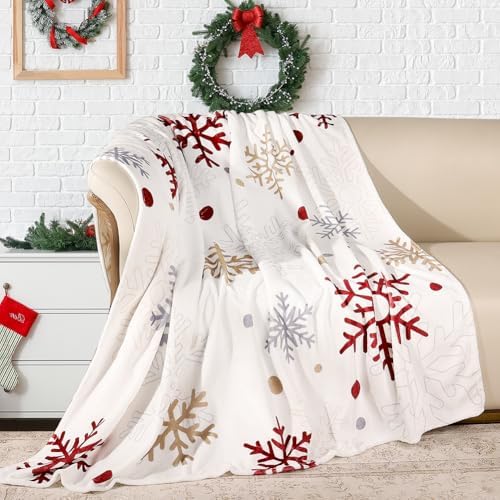 Christmas Throw Blanket Snowflake Fleece Throw Blanket Winter Holiday Lightweight Decorative Blankets Super Soft Cozy Throw Blankets for Home Sofa Couch(Red/Gold Snowflake) 50" x 60" - Image 2
