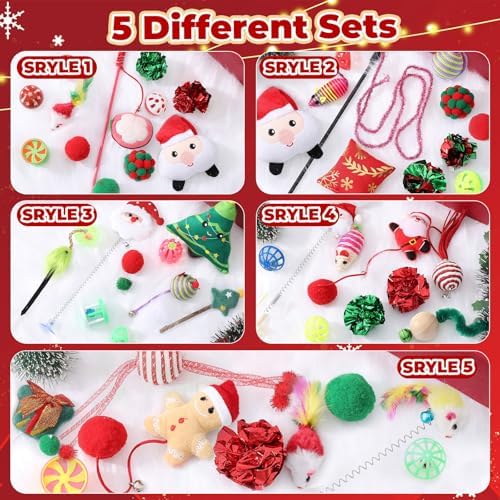Shappy 5 Sets 55 Pcs Christmas Cat Stocking Toys with Cat Sticks Shaped Santa, Xmas Tree, Yarn Balls, Toy Mouse, Xmas Stocking Pet Set, Interactive Pet Gifts - Image 2
