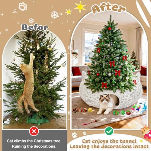 White Plush Cat Tunnel Christmas Tree Skirt with 11 Pcs Interactive Toys - Image 5