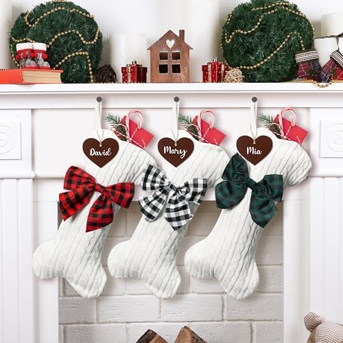 WATINC Pet Christmas Stockings Personalized - 3 Pack Large Bone Shape Stocking with Wooden Name Tag, Pet Dog Knit Christmas Hanging Stockings for Xmas Eve Party Fireplace Tree Gift Decoration by WATINC