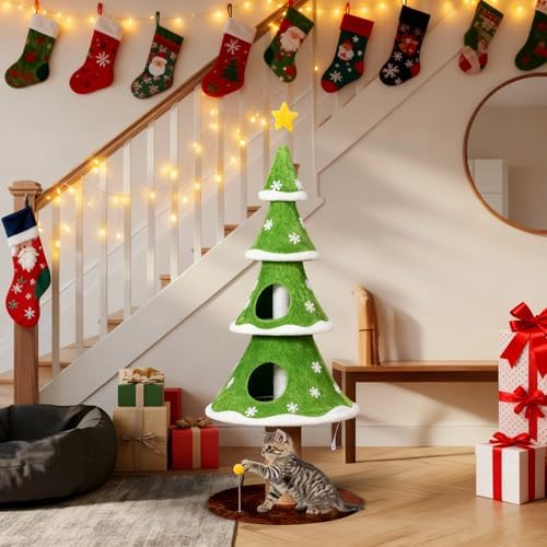 59 Inches Cat Christmas Tree with 2 Houses, Cat Tree Tower for Christmas, Kitty Friendly Christmas Tree with Sisal Scratching Post & Toy Ball, Tower for Indoor Cat – Green & White - Image 5