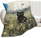 Black Cat Blanket Floral Wildflower Kitten Throw Blankets Gifts for Girls Boys Kids Cat Lover Soft Cozy Fleece Plush for Couch Sofa Bed 80"x60" by Unknown