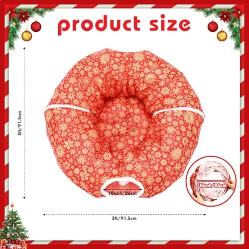 Snowflake Cat Tunnel Bed Under Christmas Tree 36'' Kitten Circle Donut Tunnel Skirt with Ball Mat Decorative Xmas Folding Home Kitty Guard Tube Holiday Party Indoor Pet(Red Gold) - Image 2
