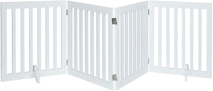 unipaws 24”H Free Standing Pet Gate for Dog Cat, 80”Wide Wooden Dog Gates | Foldable Pet Fence for Doorway, Stairs, Step, Expandable Doggy Barrier, Indoor Use, White