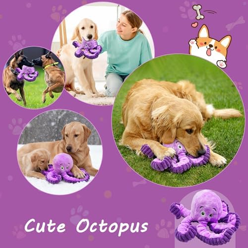 Squeaky Dog Toys, Stuffed Large Dog Toys to Keep Them Busy, Interactive Plush Chew Toys with Crinkle Paper, Tough Pet Animal Toys for Small Medium Large (Purple Octopus) - Image 5
