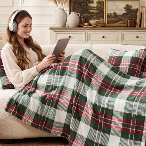 BEDELITE Christmas Fleece Twin Blanket for Couch, White & Green & Red - Image 3