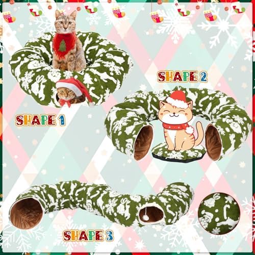 Cat Tunnel Christmas Tree Skirt 3 ft x 3 ft x 10 Inch Cat Bed Donut Cave Indoor Fluffy Circular with Mat and Ball Playground Toys for Festive Kitten Puppy Ferret Rabbit(Green,Elk) - Image 4