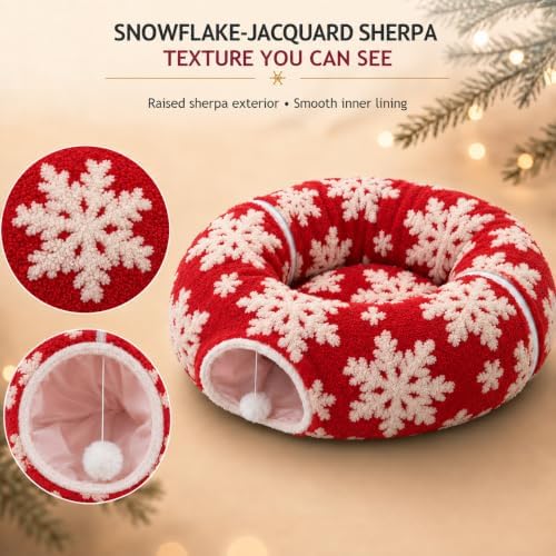 Christmas Snowflake Cat Tunnel Bed Under Tree, Velvet Jacquard, 10" x3 Ft - Image 5