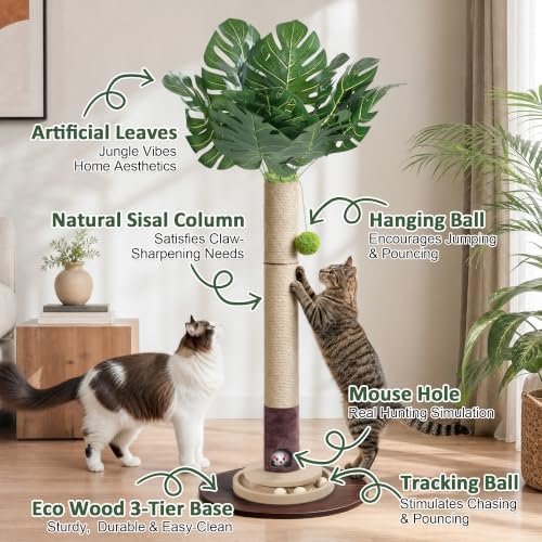 40" Cat Scratching Post, Monstera Leave Large Cat Scratcher Tree - Image 2