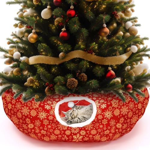 Snowflake Cat Tunnel Bed Under Christmas Tree 36'' Kitten Circle Donut Tunnel Skirt with Ball Mat Decorative Xmas Folding Home Kitty Guard Tube Holiday Party Indoor Pet(Red Gold) by Vertintong