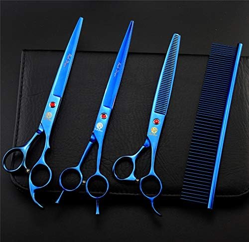 Purple Dragon 8 inch Dog Grooming Scissors Set with Anti-Shock Bag - Blue | Japanese 440C Steel Pet Grooming Shears, Comfortable Grip, Includes Curved, Straight & Thinning Scissors with Silencer