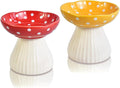 Mushroom Elevated Cat Bowls Ceramic, Cute Cat Bowls Whisker Fatigue | Raised Cat Bowl for Indoor Cats, Raised Dog Bowls Stand for Food and Water, Red+Yellow 6" Wide for Adult Cats