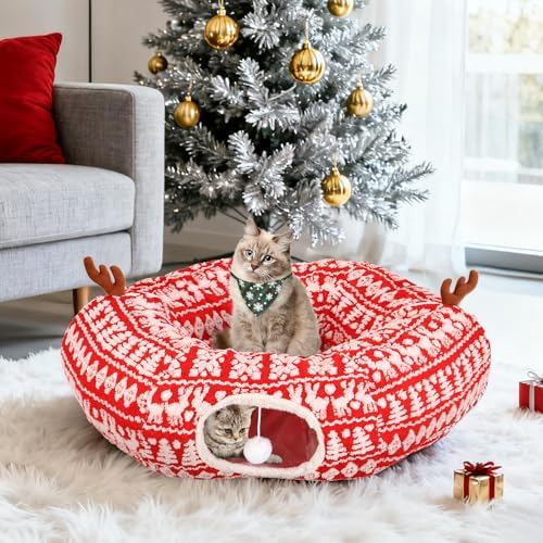 Cat Tunnel Bed Under Christmas Tree 35.4" Festive Circle Cat Tunnel with Feather Toys Adjustable Bibs Foldable Holiday Decorative Pet Cave for Indoor Cats Small Animals Fits Under Tree Skirt - Image 5