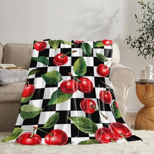 Cherry Blanket for Girls Women Adults Kids Soft Cozy Fleece Fruit Buffalo Plaid Preppy Gifts Throw Blankets Warm Flannel Plush Lightweight Decor for Couch Bed Sofa 80"X60" - Image 4