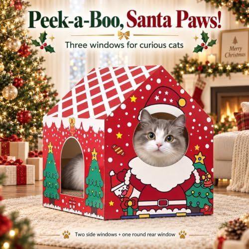 Christmas Cardboard Cat House for Indoor Cats with Scratcher Pad, Xmas House Holiday Hideout Decorations - Image 4