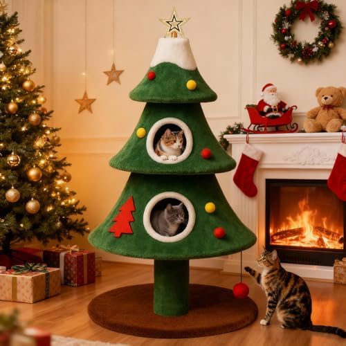 LUCKLIFE 52" Christmas Cat Tree with 2 Cozy Houses,Indoor Modern Cat Tower with Anti-Tip Kit,Plush Perches & Hanging Balls,Holiday Cat Climbing Furniture for Kittens to Play and Sleep by Unknown