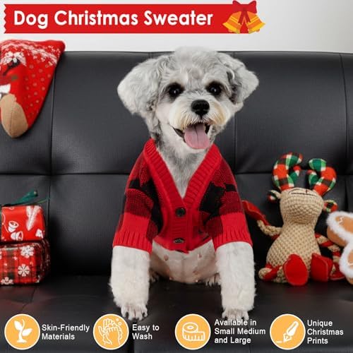 Dog Christmas Sweater Red Plaid Cardigans Dog Christmas Outfit Soft Warm Knitted Pet Clothes Cold Weather Puppy Clothes for Small Medium Large Dogs Cats - Image 3