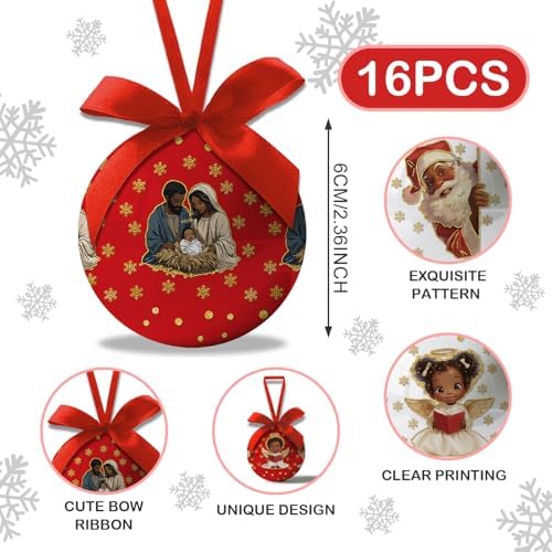 Black Santa Christmas Decorations - Black Santa Ornaments Hanging Balls African American Christmas Tree Decorations, Decoration Ball 2.36 Inch for Xmas Tree Party Home Holiday，Xmas Gifts Set of 16Pcs - Image 2