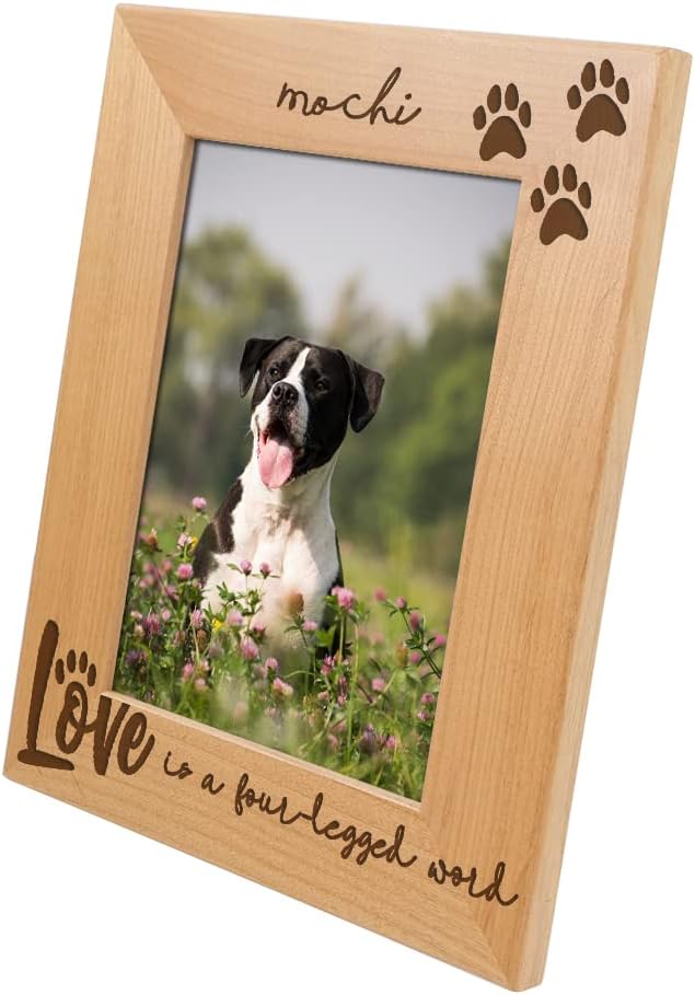 Love is a Four-Legged Word Wood Engraved Dog & Cat Picture Frame with Glass, Paw Print, Pet Memorial & Lover Gift (5x7 Portrait Custom)